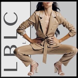 NWT LBLC Faux Leather Blazer Pants Set Taupe Belted Suit XS
